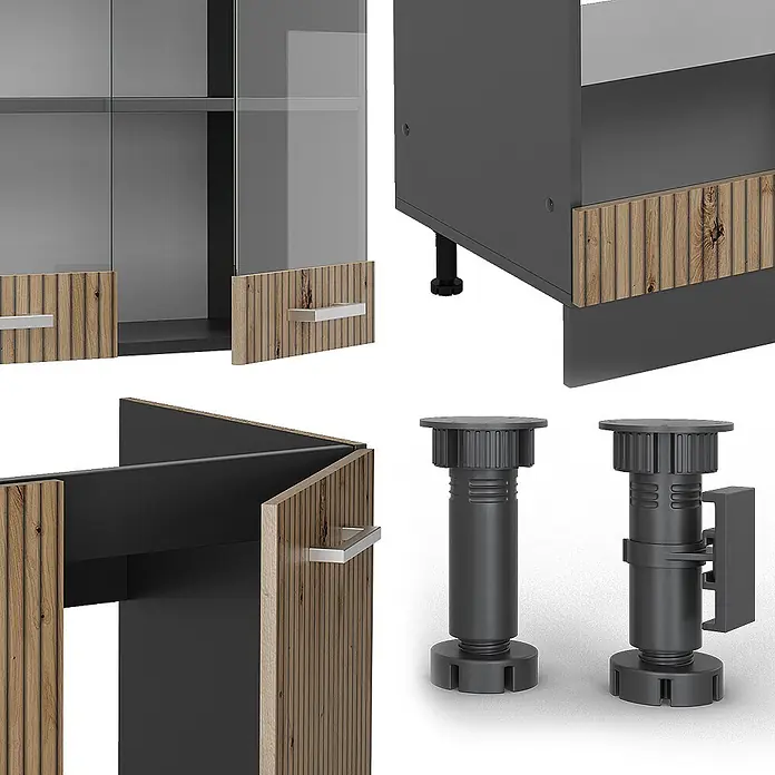 Vicco Eckküche R-Line Artisan Eiche/Anthrazit, AP Eiche - B x T: 287 x 60 cm, Artisan-Eiche, Ohne Elektrogeräte - Modulare dunkelgraue Schrankteile mit gerippten Holzoptik-Paneelen, silbernen Griffen und verstellbaren schwarzen Möbelfüßen.