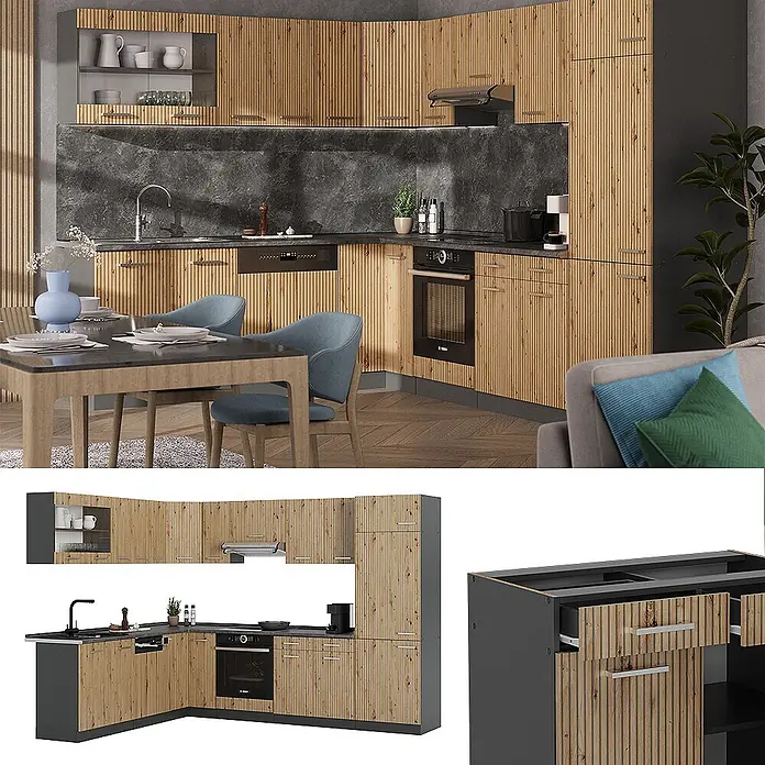 Vicco Eckküche R-Line Artisan Eiche/Anthrazit, AP Eiche - B x T: 287 x 60 cm, Artisan-Eiche, Ohne Elektrogeräte - L-förmige Küchenzeile mit hellen Holzlamellenfronten und dunkelgrauen Arbeitsplatten, in moderner Küche installiert.