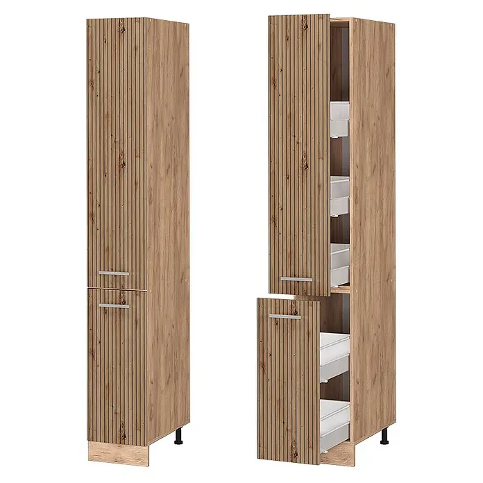 Vicco Schrankküche R-Line Artisan-Eiche - Artisan-Eiche, Apothekerhochschrank 30 cm - Hoher Holzschrank mit geriffelter Front und natürlicher Holzmaserung, geschlossen und offen mit Auszügen.