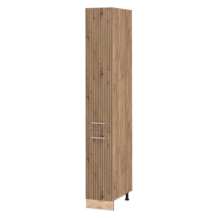 Vicco Schrankküche R-Line Artisan-Eiche - Artisan-Eiche, Apothekerhochschrank 30 cm - Hoher Holz-Effekt-Schrank mit gerippter Front, glatter Seite, zwei silbernen Griffen und verstellbaren Füßen.