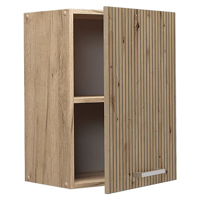 Vicco Schrankküche R-Line Artisan-Eiche - Artisan-Eiche, Hängeschrank 45 cm - Heller Hängeschrank in Holzoptik mit geöffneter, vertikal geriffelter Tür, silbernem Griff und zwei Innenablagen.