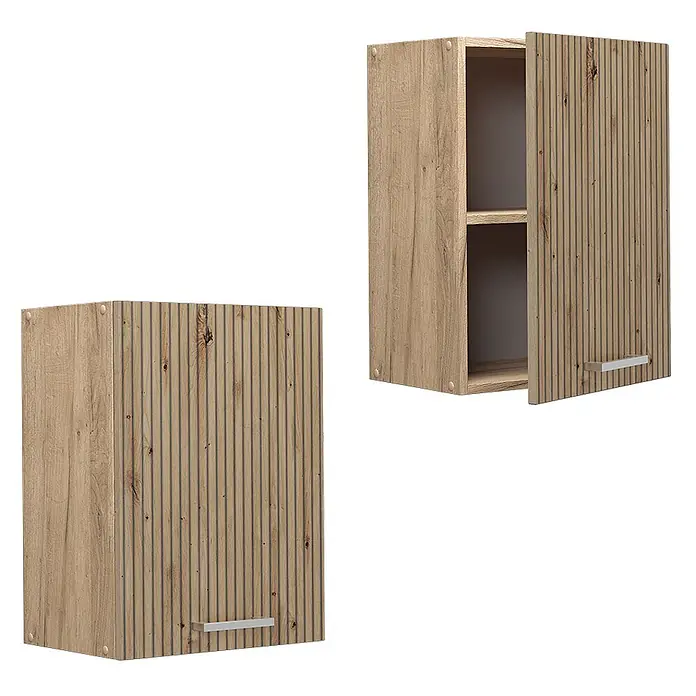Vicco Schrankküche R-Line Artisan-Eiche - Artisan-Eiche, Hängeschrank 45 cm - Zwei Wandhängebeschränke aus Holz mit gerippten Türen und silbernen Griffen; einer geschlossen, einer offen mit zwei Regalböden.