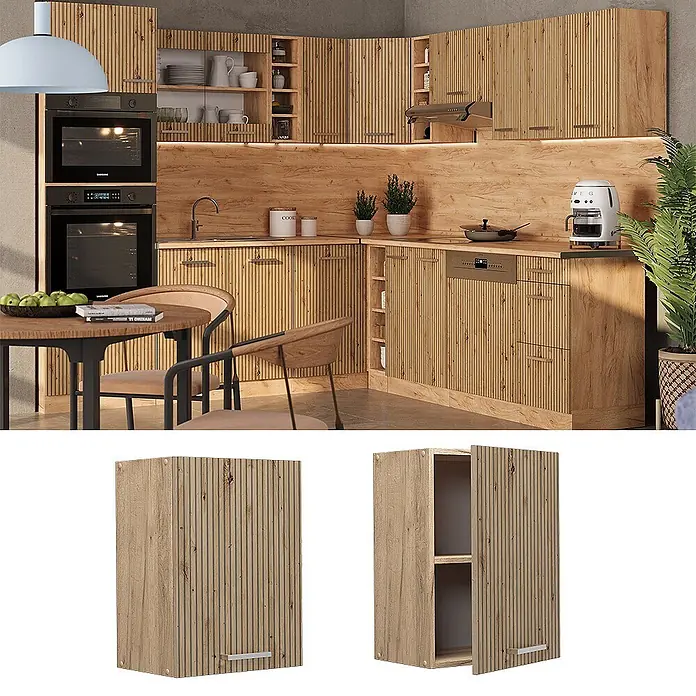 Vicco Schrankküche R-Line Artisan-Eiche - Artisan-Eiche, Hängeschrank 45 cm - Moderne Küche mit hellen geriffelten Holzschränken, integrierten Geräten und Essbereich.