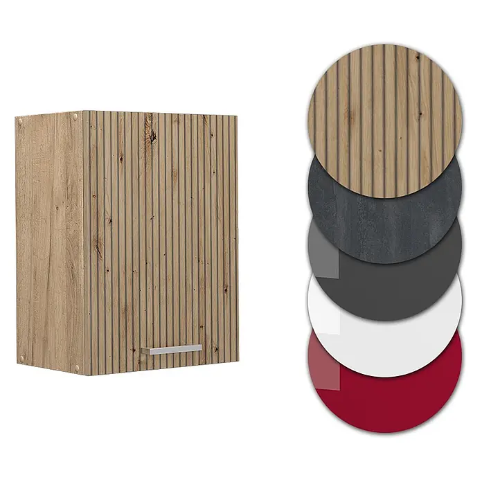 Vicco Schrankküche R-Line Artisan-Eiche - Artisan-Eiche, Hängeschrank 45 cm - Holz-Wandschrank mit gerippter Tür und silbernem Griff, dazu kreisförmige Materialmuster.