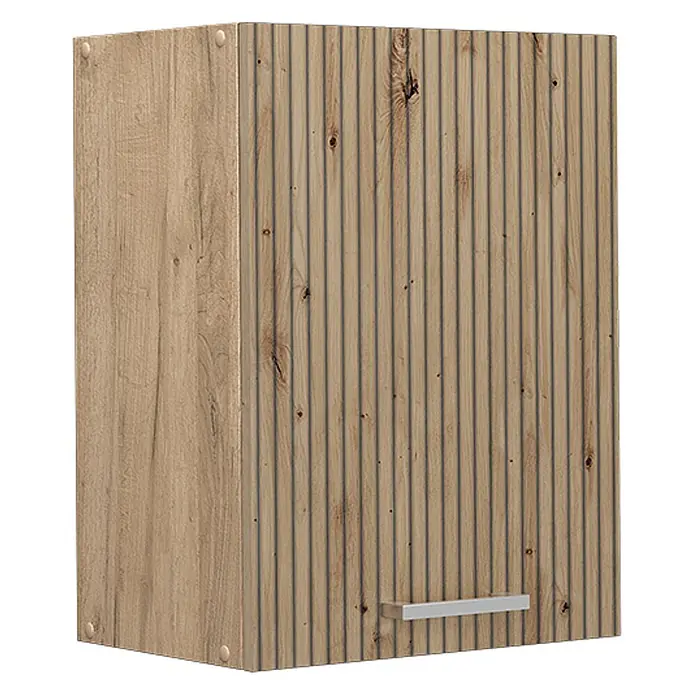 Vicco Schrankküche R-Line Artisan-Eiche - Artisan-Eiche, Hängeschrank 45 cm - Wandschrank aus hellem Holz mit geriffelter Frontplatte und silbernem Griff.
