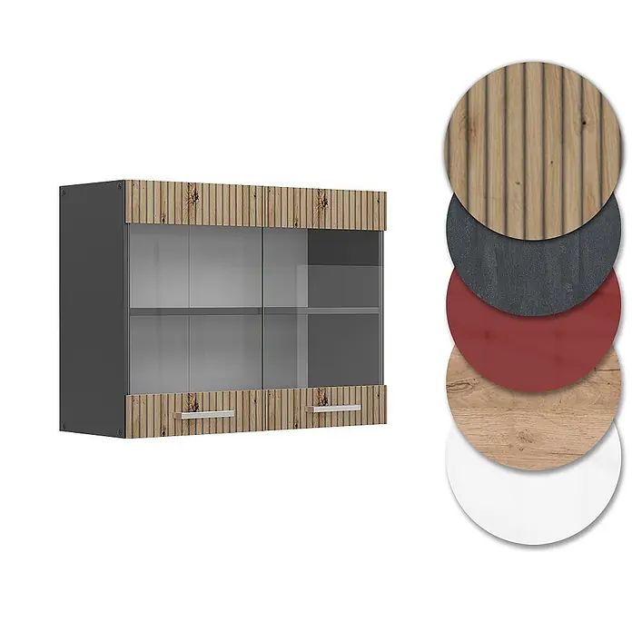 Vicco Schrankküche R-Line Artisan-Eiche - Artisan-Eiche, Hängeglasschrank 80 cm - Hängeschrank: dunkelgrau mit gerillten Holzplatten, Glastüren & Schubladen. Muster zeigen gerilltes Holz, Dunkelgrau, Rot, helles Holz, Weiß.