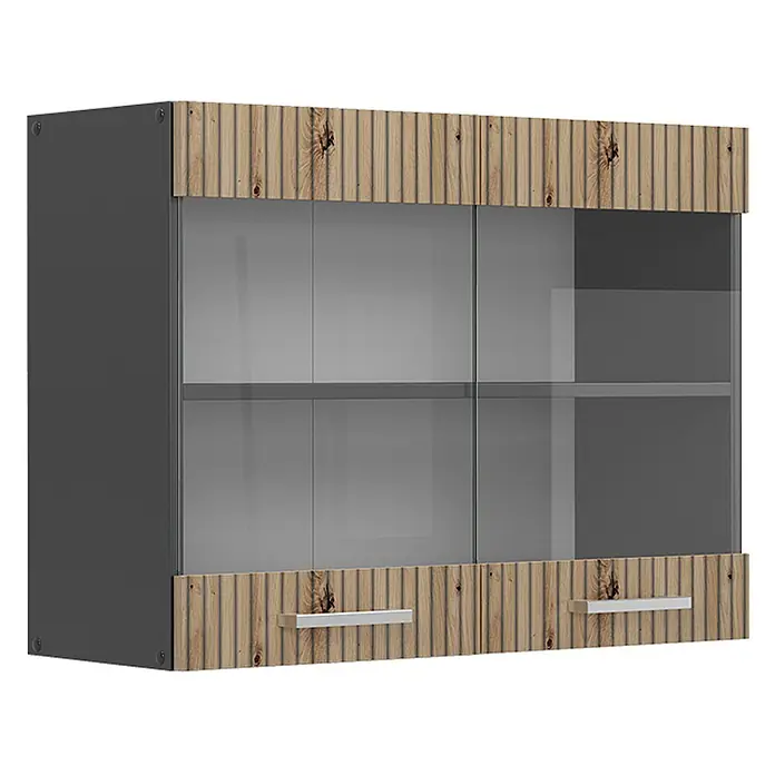 Vicco Schrankküche R-Line Artisan-Eiche - Artisan-Eiche, Hängeglasschrank 80 cm - Dunkelgrauer Hängeschrank mit Glastüren, geriffelter Holzverkleidung und silbernen Griffen.