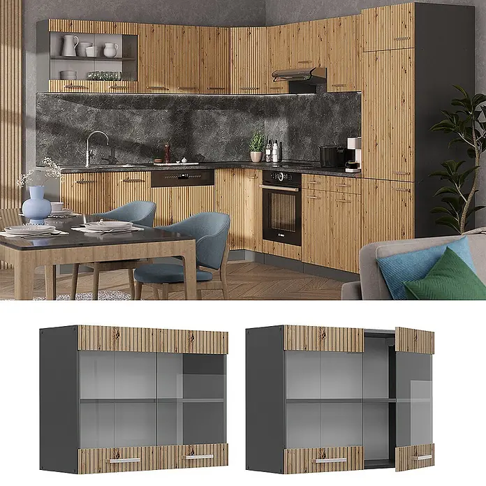 Vicco Schrankküche R-Line Artisan-Eiche - Artisan-Eiche, Hängeglasschrank 80 cm - Moderne Küchenschränke mit vertikalen Holzlamellen und dunkelgrauen Akzenten, gezeigt in einer Küche und als Vitrinenschrank.