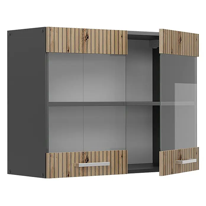 Vicco Schrankküche R-Line Artisan-Eiche - Artisan-Eiche, Hängeglasschrank 80 cm - Grauer Hängeschrank mit Glastüren und geriffelten Holzpaneelen, silberne Griffe. Eine Tür ist offen, offenbart Einlegeböden.
