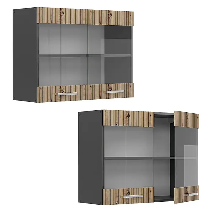 Vicco Schrankküche R-Line Artisan-Eiche - Artisan-Eiche, Hängeglasschrank 80 cm - Dunkelgrauer Hängeschrank mit geriffelten Holzpaneelen, Glastüren und Metallgriffen, geschlossen und mit einer geöffneten Tür.