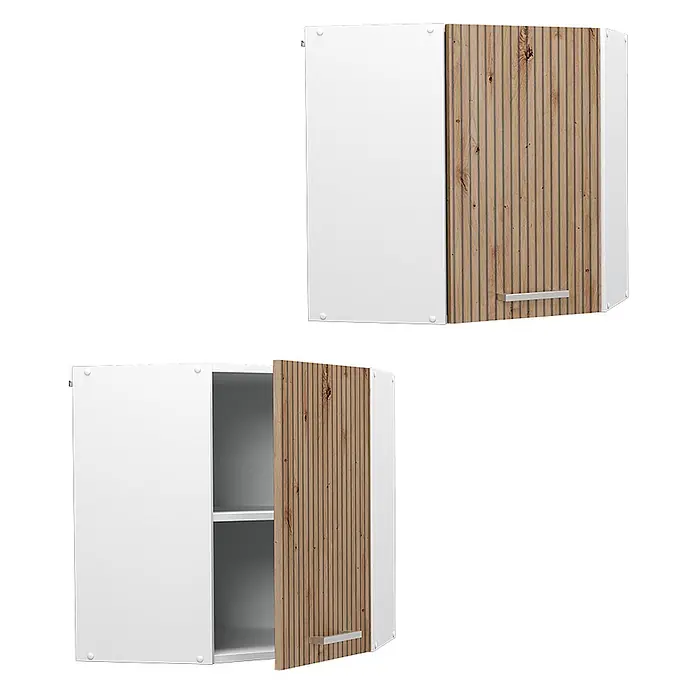 Vicco Schrankküche R-Line Artisan-Eiche - Artisan-Eiche, Eckhängeschrank 57 cm - Weißer Eckhängeschrank mit einer Lamellenholztür, geschlossen und geöffnet mit Regalen gezeigt.