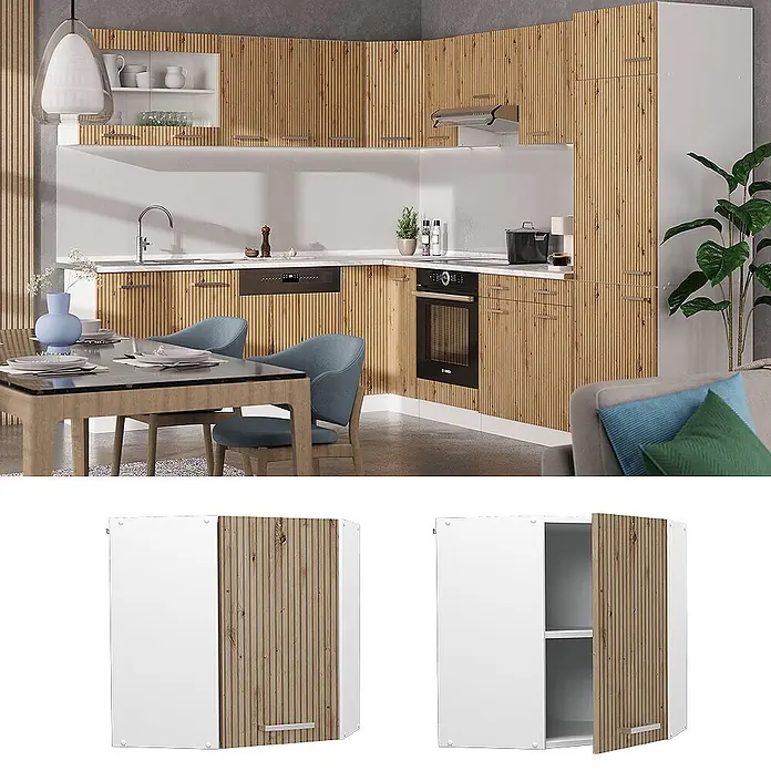 Vicco Schrankküche R-Line Artisan-Eiche - Artisan-Eiche, Eckhängeschrank 57 cm - Eckküchenschrank mit hellen Holzlamellentüren und weißen Seiten, in einer modernen Küche gezeigt.