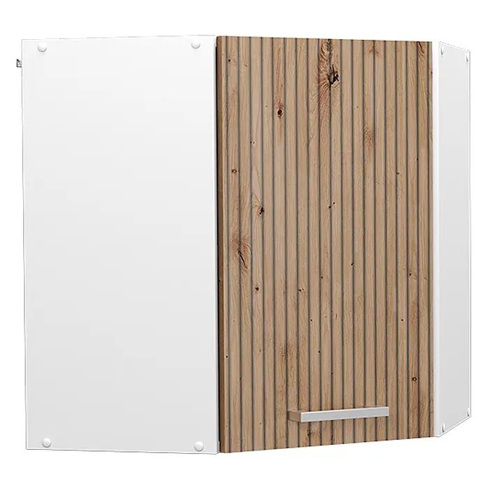 Vicco Schrankküche R-Line Artisan-Eiche - Artisan-Eiche, Eckhängeschrank 57 cm - Zweitüriger Wandschrank: eine Tür weiß, eine geriffeltes Holz mit silbernem Griff.