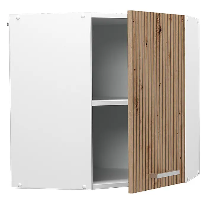 Vicco Schrankküche R-Line Artisan-Eiche - Artisan-Eiche, Eckhängeschrank 57 cm - Zweitüriger Wandschrank mit einer weißen und einer holzgemusterten, gerillten Tür. Türen leicht geöffnet, zeigen Innenregale.
