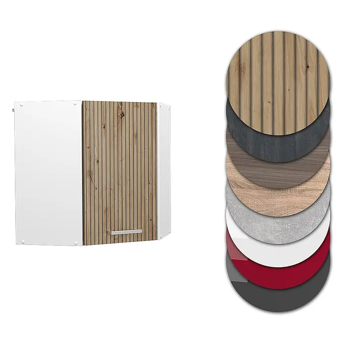 Vicco Schrankküche R-Line Artisan-Eiche - Artisan-Eiche, Eckhängeschrank 57 cm - Weißer Eckhängeschrank mit Lattenholztür und verschiedenen individualisierbaren Oberflächenmustern.