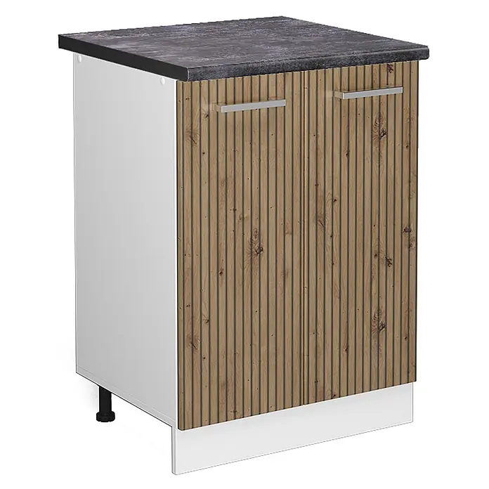 Vicco Schrankküche R-Line Artisan-Eiche, AP Anthrazit - Artisan-Eiche, Unterschrank 60 cm, AP Anthrazit - Küchenunterschrank mit dunkler Arbeitsplatte, weißem Korpus, geriffelten Holztüren, silbernen Griffen und weißer Sockelblende.