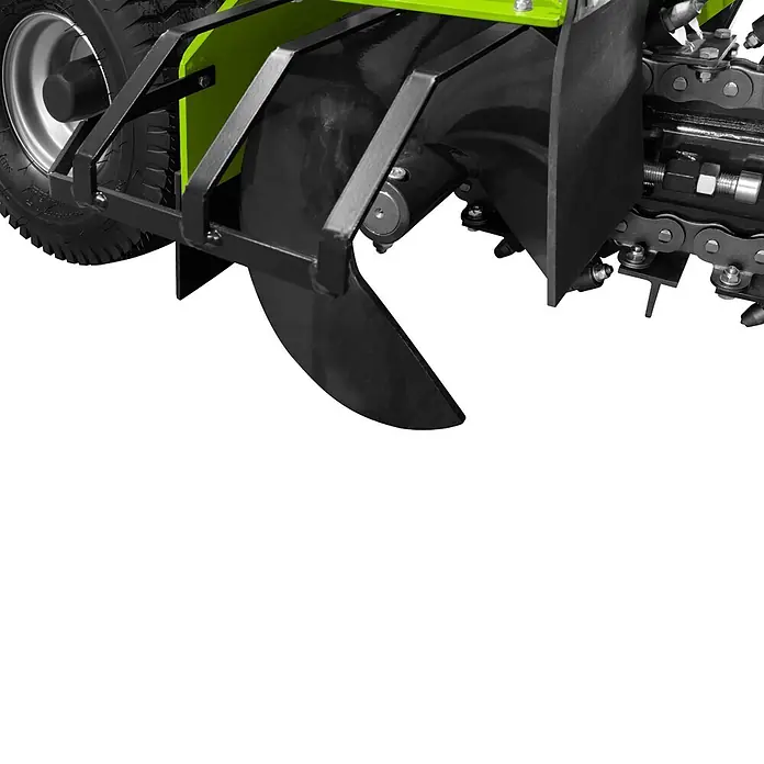 Zipper Grabenfräse ZI-GRF1000 - 9 kW, Tankvolumen: 6,5 l, Seilzug - Schwarzes und grünes Maschinenteil mit Reifen, Antriebskette und Bodenbearbeitungsschar.
