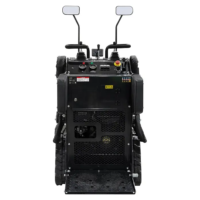 Zipper Kompaktlader ZI-MKL620 - 7,1 W, Traglast: 180 kg - Schwarze kompakte Raupendumper mit Bedienfeld, Joysticks und Gummiketten.