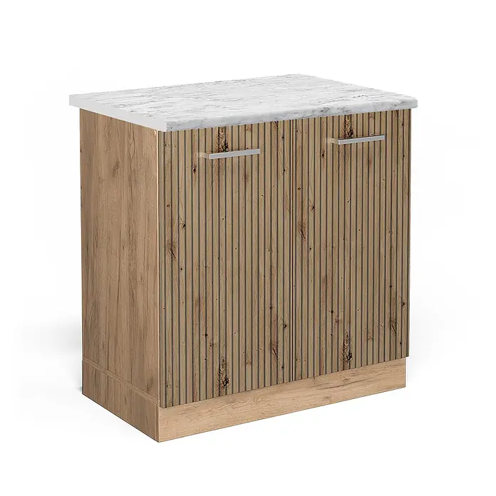 Vicco Schrankküche R-Line Artisan-Eiche AP Marmor - Artisan-Eiche, Spülenunterschrank 80 cm - Holzschrank mit geriffelten Fronttüren, silbernen Griffen und weißer Marmorplatte.