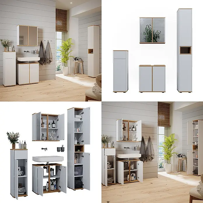 Vicco Badmöbel-Set Didi Weiß 4 Teile, mit Hochschrank und Midischrank mit Schubladen - Gesamtbreite Badmöbel: 120 cm, Weiß, Matt - Weiß-Holz Badmöbel-Set mit Waschtischunterschrank, Spiegelschrank und Hochschränken. Präsentiert im Bad und als Einzelstücke.