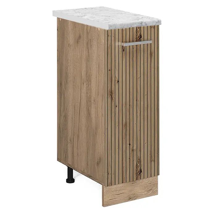 Vicco Schrankküche R-Line Artisan-Eiche AP Marmor - Artisan-Eiche, Apothekerunterschrank 30 cm - Holzunterschrank mit weißer Marmorplatte, geriffelter Front und silbernem Griff.