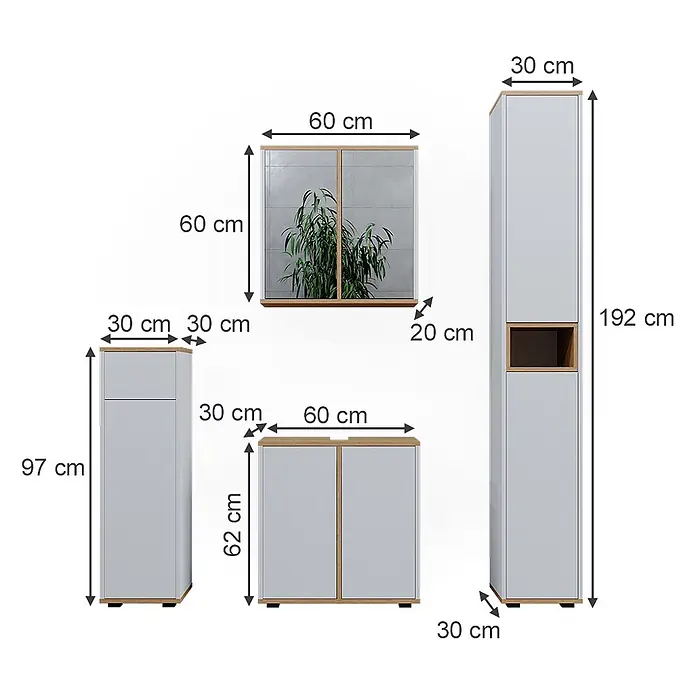 Vicco Badmöbel-Set Didi Weiß 4 Teile, mit Hochschrank und Midischrank mit Schubladen - Gesamtbreite Badmöbel: 120 cm, Weiß, Matt - Set modularer, hellgrauer und holzfarbener Aufbewahrungsschränke: hohe, niedrige und Wandschränke.