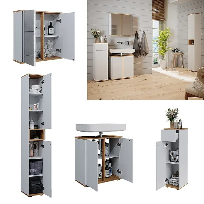 Vicco Badmöbel-Set Didi Weiß 4 Teile, mit Hochschrank und Midischrank mit Schubladen - Gesamtbreite Badmöbel: 120 cm, Weiß, Matt - Weißes Badmöbelset mit hellen Holzdetails: Wand-, Hochschrank, Waschbeckenunterschrank und Beistellschränke, in einem modernen Bad präsentiert.