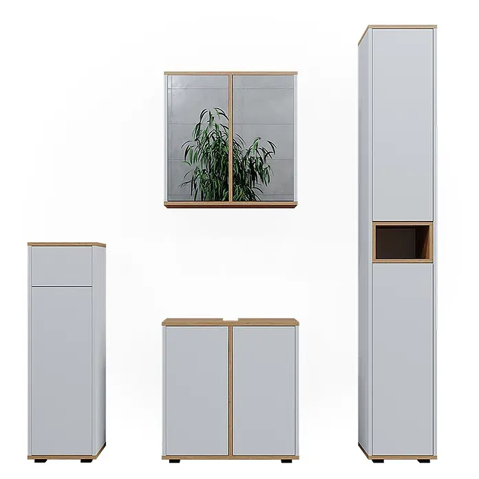 Vicco Badmöbel-Set Didi Weiß 4 Teile, mit Hochschrank und Midischrank mit Schubladen - Gesamtbreite Badmöbel: 120 cm, Weiß, Matt - Modulares Badmöbelset in Hellgrau mit Naturholzdetails, bestehend aus Spiegelschrank, Hochschrank und zwei Unterschränken.