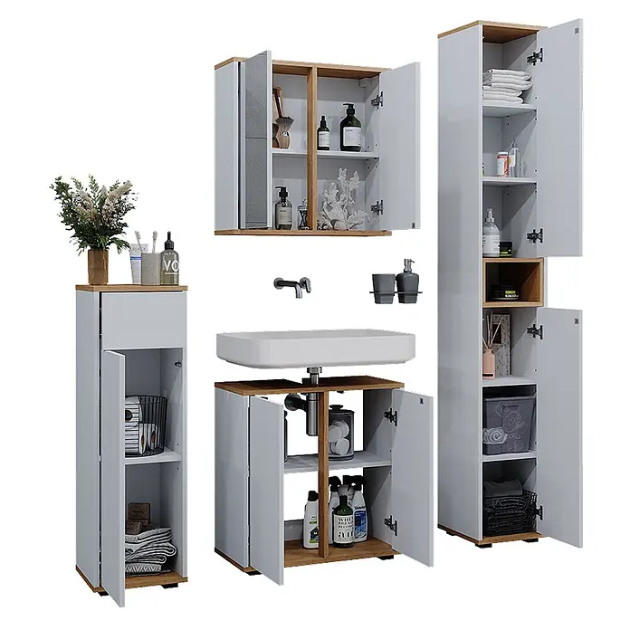 Vicco Badmöbel-Set Didi Weiß 4 Teile, mit Hochschrank und Midischrank mit Schubladen - Gesamtbreite Badmöbel: 120 cm, Weiß, Matt - Modulares weißes und helles Holz Badmöbel-Set mit Waschbeckenunterschrank, Hochschränken und Wandschrank, offene Türen zeigen Pflegeprodukte und Handtücher.