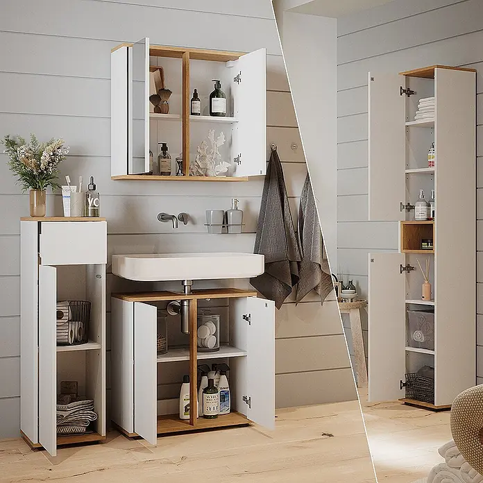 Vicco Badmöbel-Set Didi Weiß 4 Teile, mit Hochschrank und Midischrank mit Schubladen - Gesamtbreite Badmöbel: 120 cm, Weiß, Matt - Badezimmermöbel-Set in Weiß und Holz mit Wandschränken, Waschtischunterschrank und Stauraum, zeigt organisierte Badaufbewahrung.