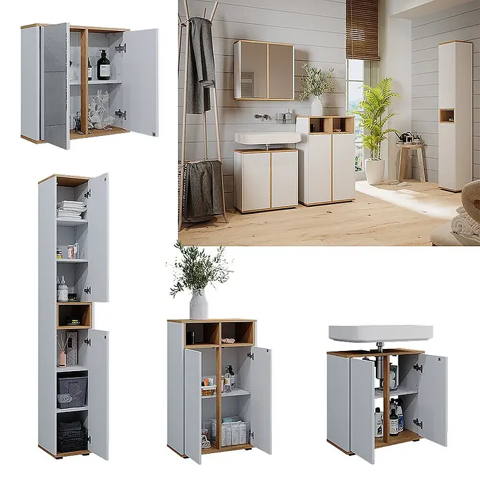 Vicco Badmöbel-Set Didi Weiß/Artisan 4 Teile, mit Hochschrank und Midischrank mit Türen - Weiß, Matt - Modernes hellgraues Badmöbelset mit Eiche-Akzenten. Umfasst Wand-, Hochschrank- und Waschtischunterschränke für stilvollen Stauraum.