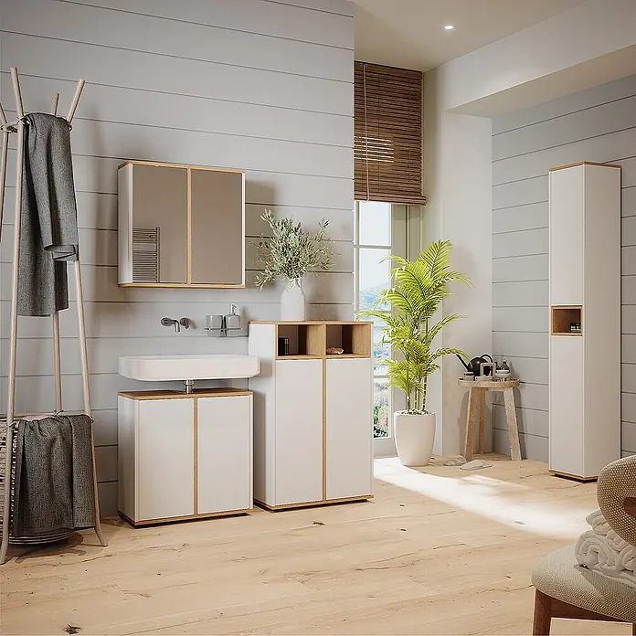 Vicco Badmöbel-Set Didi Weiß/Artisan 4 Teile, mit Hochschrank und Midischrank mit Türen - Weiß, Matt - Modernes weißes Badmöbelset mit hellen Eichenakzenten, inkl. Spiegelschrank, Waschbeckenunterschrank und Aufbewahrungsschränken.