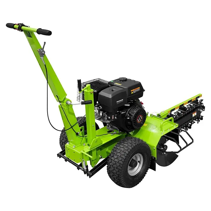 Zipper Grabenfräse ZI-GRF1000 - 9 kW, Tankvolumen: 6,5 l, Seilzug - Hellgrüne und schwarze Grabenfräse mit Motor, Lenker und Grabenkette zum Ausheben von Gräben.