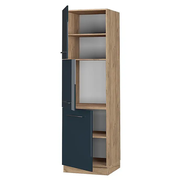 Vicco Schrankküche Fame-Line Dunkelblau Hochglanz - Dunkelblau Hochglanz, Vorratsschrank 60 cm - Hoher Schrank in Holzoptik mit dunkelblauen Türen und offenen Fächern für vielseitigen Stauraum.