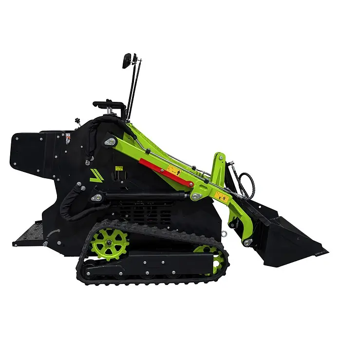 Zipper Kompaktlader ZI-MKL720 - 16,8 kW, Traglast: 220 kg - Schwarzer und neongrüner Kompaktlader mit Gummiketten und Frontschaufel.