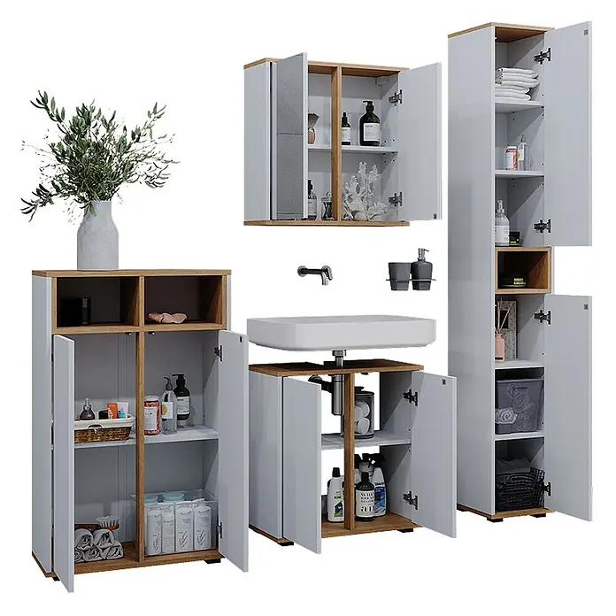 Vicco Badmöbel-Set Didi Weiß/Artisan 4 Teile, mit Hochschrank und Midischrank mit Türen - Weiß, Matt - Modernes Badmöbelset in Weiß und Holzoptik, mit verschiedenen Schränken für organisierte Aufbewahrung.