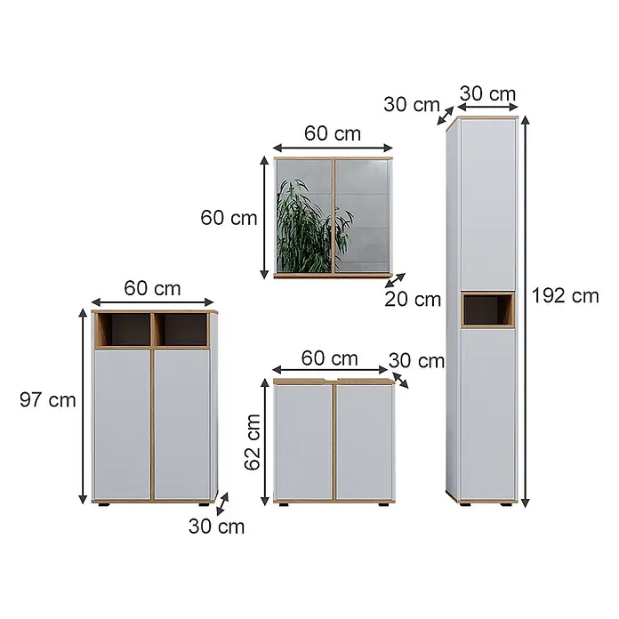 Vicco Badmöbel-Set Didi Weiß/Artisan 4 Teile, mit Hochschrank und Midischrank mit Türen - Weiß, Matt - Modernes Set aus hellgrauen und holzfarbenen Aufbewahrungsschränken mit Türen und offenen Regalen in verschiedenen Größen.