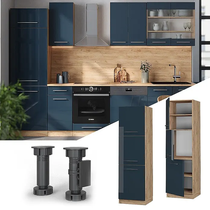 Vicco Schrankküche Fame-Line Dunkelblau Hochglanz - Dunkelblau Hochglanz, Vorratsschrank 60 cm - Blaue moderne Küche mit Holzdetails. Zeigt verstellbare Schranksockel und einen hohen Vorratsschrank, offen mit Regalen.