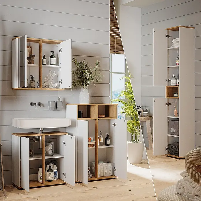 Vicco Badmöbel-Set Didi Weiß/Artisan 4 Teile, mit Hochschrank und Midischrank mit Türen - Weiß, Matt - Weiß-holzfarbene Badmöbelgarnitur mit Waschtisch, Wandschrank und Hochschrank, alle geöffnet zur Ansicht des Stauraums.