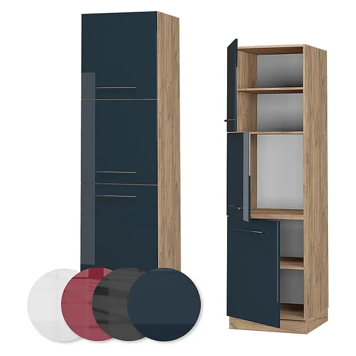 Vicco Schrankküche Fame-Line Dunkelblau Hochglanz - Dunkelblau Hochglanz, Vorratsschrank 60 cm - Hoher Stauraumschrank mit glänzenden dunkelblauen Türen und Holzdekorseiten, geschlossen/offen mit Regalen gezeigt, plus Farbmuster.