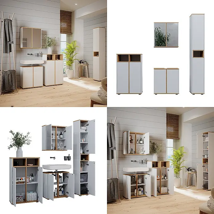 Vicco Badmöbel-Set Didi Weiß/Artisan 4 Teile, mit Hochschrank und Midischrank mit Türen - Weiß, Matt - Badmöbelset weiß-Holzoptik: Waschtisch-, Wand-, Hochschrank & Seitenregal, teils offen mit Stauraum.