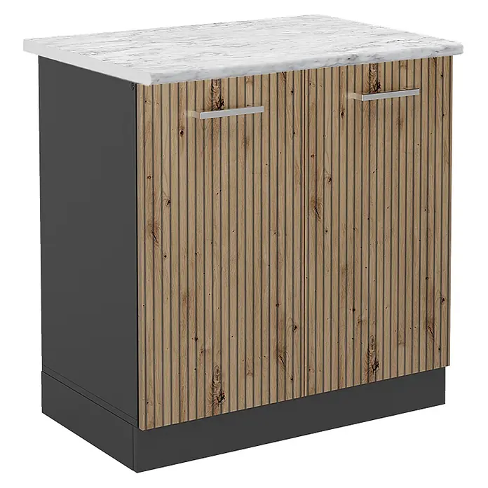Vicco Schrankküche R-Line Artisan-Eiche, AP Marmor - Artisan-Eiche, Spülenunterschrank 80 cm, AP Marmor - Unterschrank mit weißer Marmorplatte, dunkelgrauem Korpus und strukturierten Holztüren mit vertikalen Lamellen und silbernen Griffen.