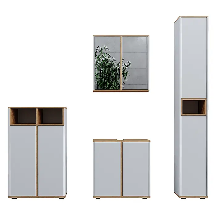 Vicco Badmöbel-Set Didi Weiß/Artisan 4 Teile, mit Hochschrank und Midischrank mit Türen - Weiß, Matt - Set aus hellgrauen und holzfarbenen Aufbewahrungsmöbeln, darunter hohe, niedrige und Wand-Schränke, einige mit Spiegeltüren oder offenen Regalen.