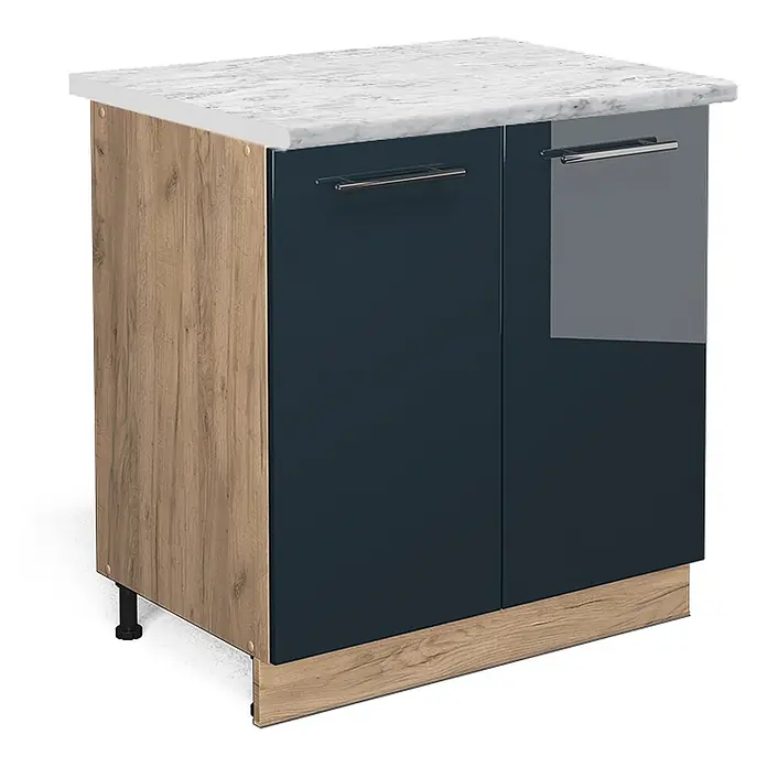 Vicco Schrankküche Fame-Line Dunkelblau Hochglanz mit Regal, AP Marmor - Dunkelblau Hochglanz, Unterschrank 80 cm, AP Marmor - Unterschrank mit weißer Marmorplatte, zwei hochglanz-dunkelblauen Türen und hellen Holz-Details.