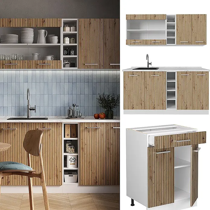 Vicco Singleküche R-Line, Artisan Eiche/Weiß, 160 cm -  - Moderne Küchenschränke mit vertikalen Holzlatten-Optik-Türen und weißen Regalen.