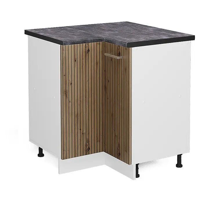 Vicco Schrankküche R-Line Artisan-Eiche, AP Anthrazit - Artisan-Eiche, Eckunterschrank, AP Anthrazit - Eckunterschrank für die Küche mit dunkelgrauer Arbeitsplatte, weißen Seiten und brauner Holzlamellenfront, mit silbernem Griff.