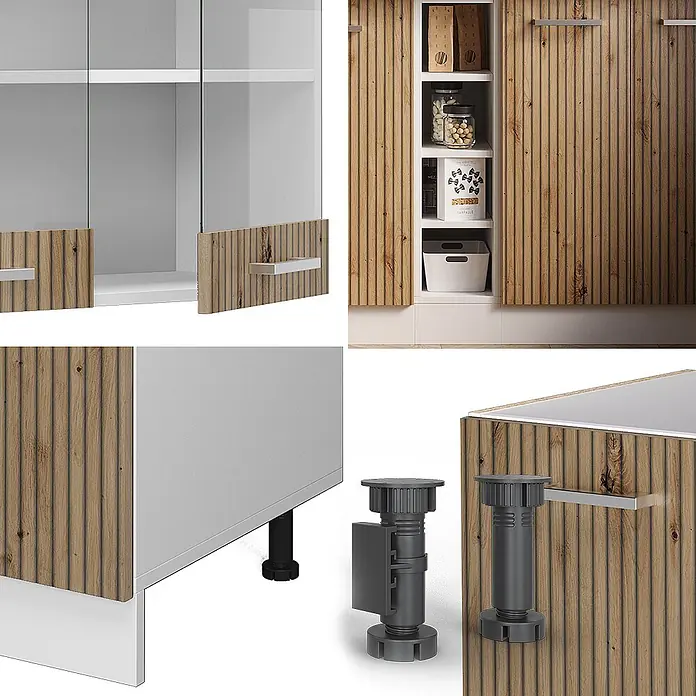 Vicco Singleküche R-Line, Artisan Eiche/Weiß, 160 cm -  - Modulares Küchenschranksystem mit gerippten Holzfronten, weißem Interieur und höhenverstellbaren Füßen.