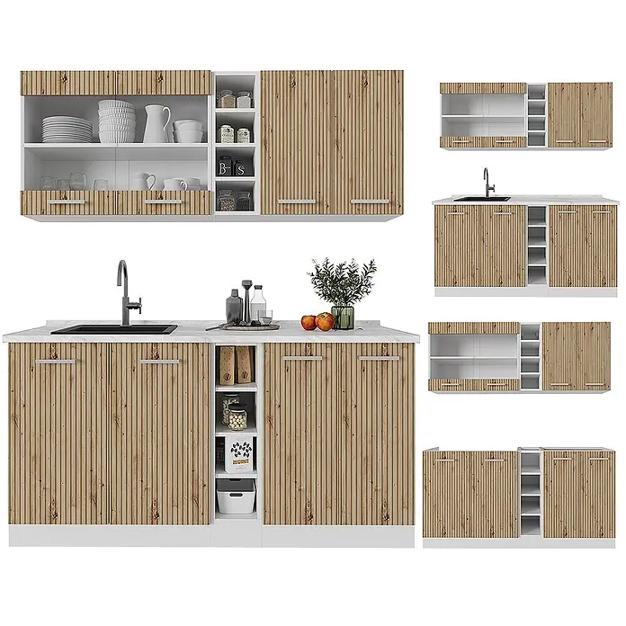 Vicco Singleküche R-Line, Artisan Eiche/Weiß, 160 cm -  - Küchenschrank-Set aus Holzlamellen mit weißen Rahmen und offenen Regalen, bestehend aus Ober- und Unterschränken mit Spüle.