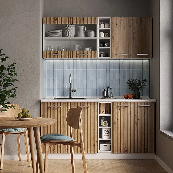 Vicco Singleküche R-Line, Artisan Eiche/Weiß, 160 cm -  - Moderne Küchenschränke mit Holzlamellentüren und offenen weißen Regalen über hellblauer Fliesenrückwand in einer gemütlichen Küche.