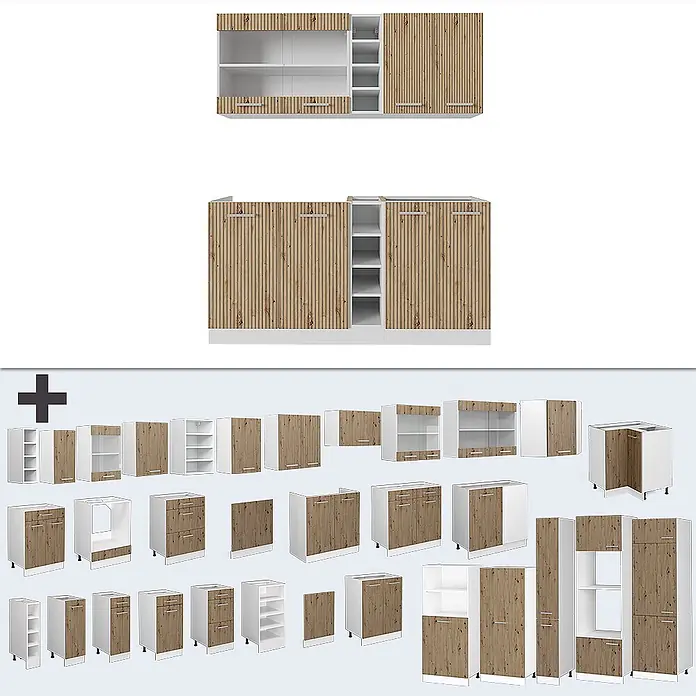 Vicco Singleküche R-Line, Artisan Eiche/Weiß, 160 cm -  - Modulare Küchenschränke mit hellen Holzlamellenfronten und weißen Elementen. Enthält Wand-, Unter- und Hochschränke mit Regalen und Schubladen.